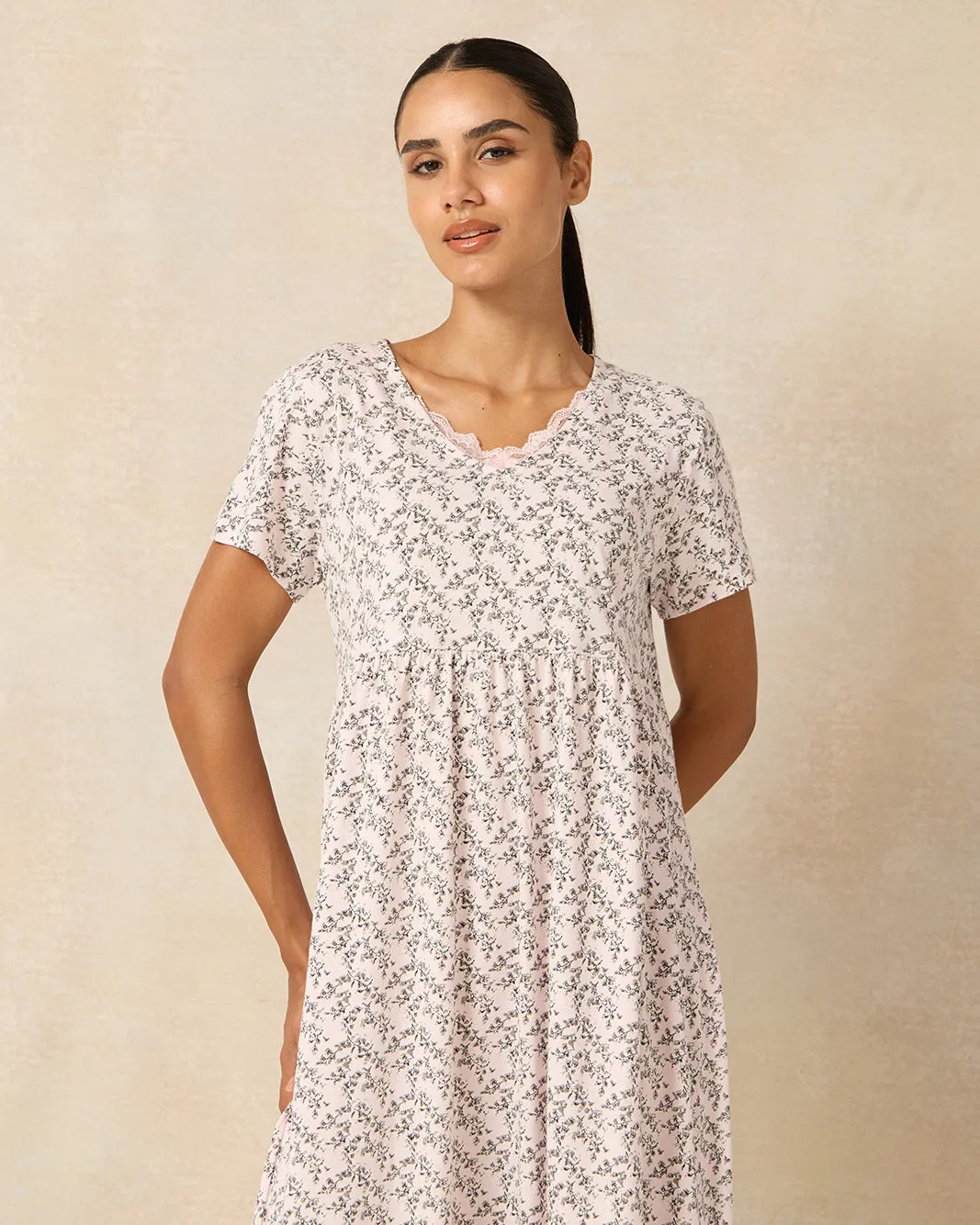 Women Pink Blossom Printed Knitted Nightgown sold by Redtag product image thumbnail 2