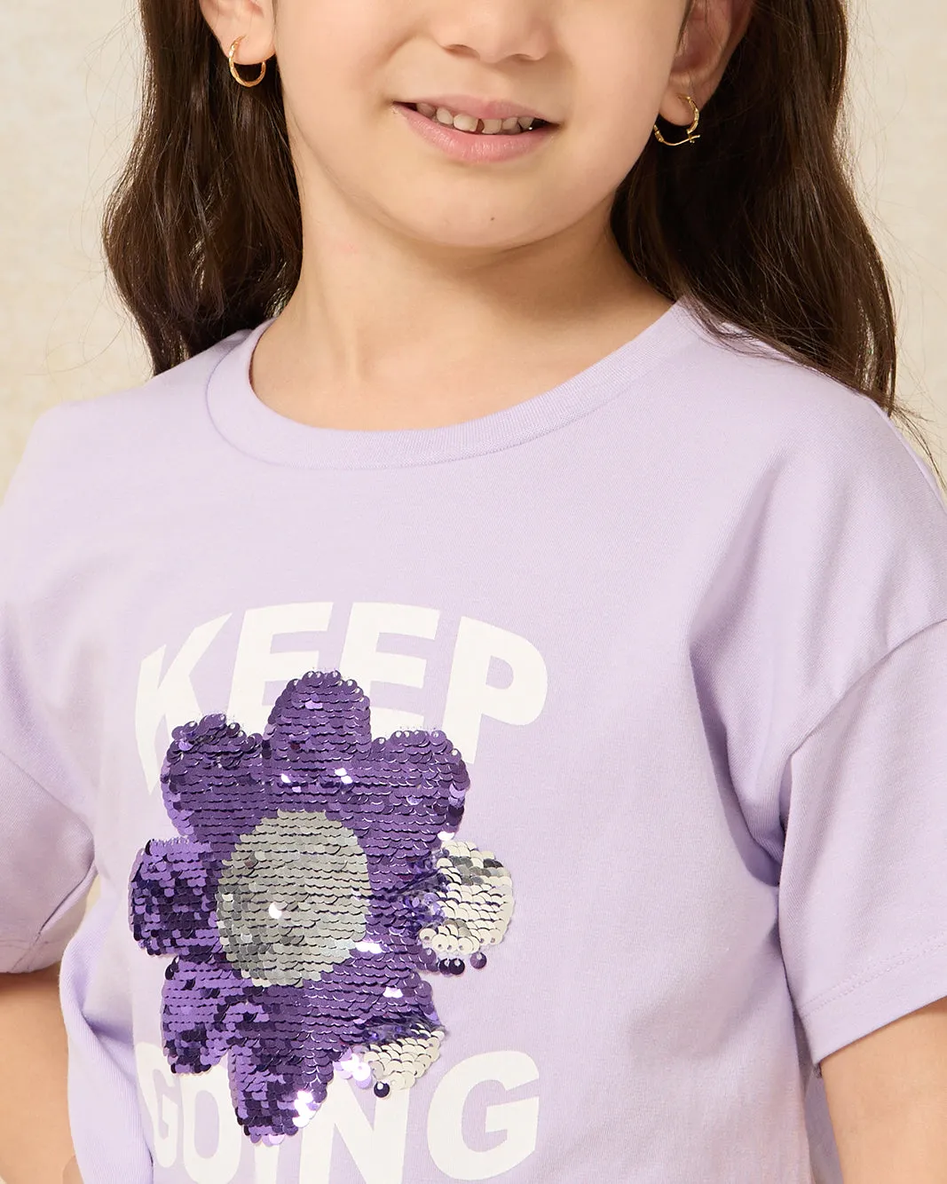 Girls Lilac Placement Print With Sequins T-shirt sold by Redtag product image thumbnail 4