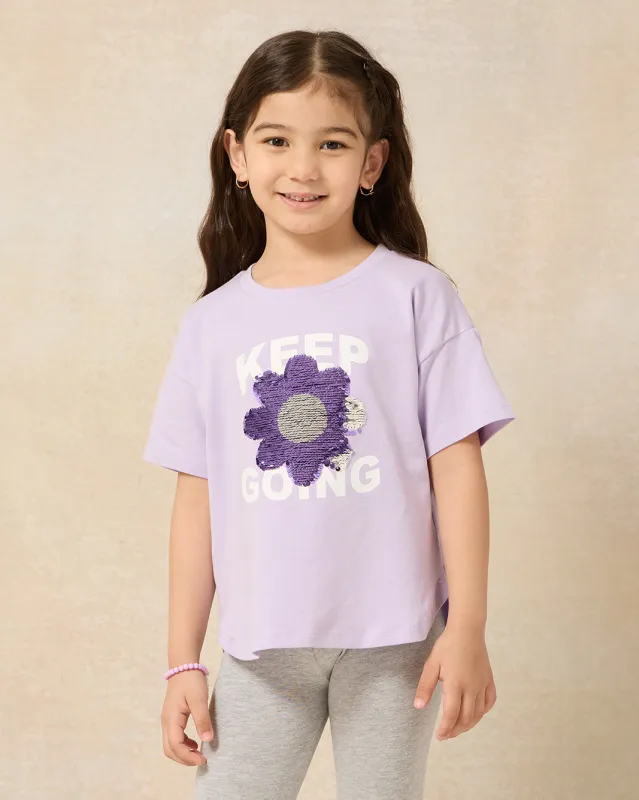 Girls Lilac Placement Print With Sequins T-shirt sold by Redtag