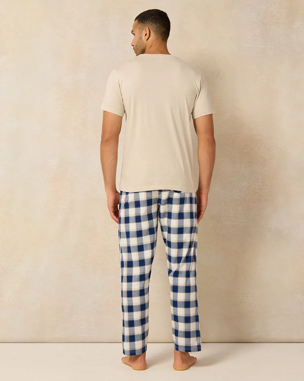 Men Beige And Navy Checkered Pyjama Set (2 Piece) sold by Redtag product image thumbnail 4