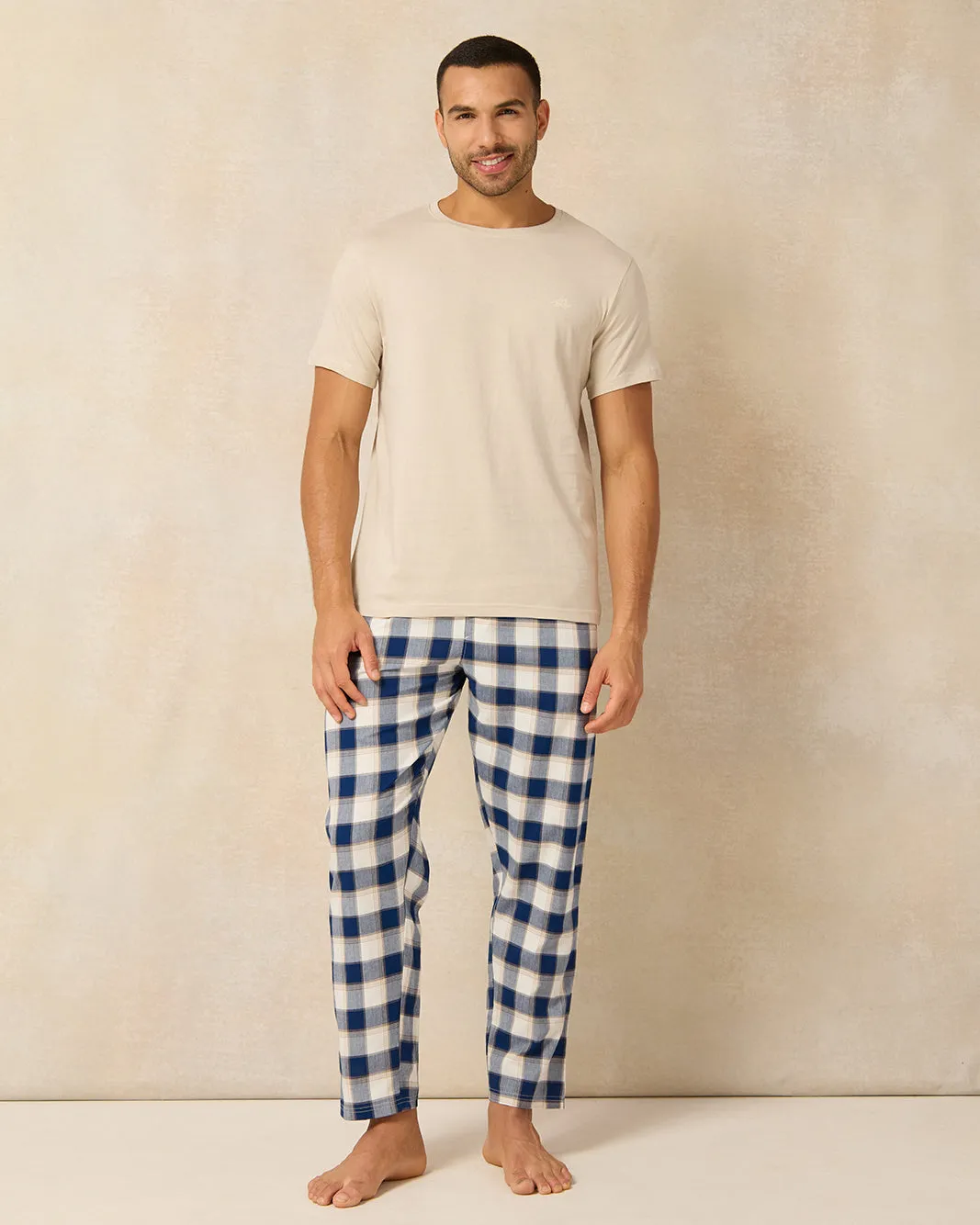 Men Beige And Navy Checkered Pyjama Set (2 Piece) sold by Redtag