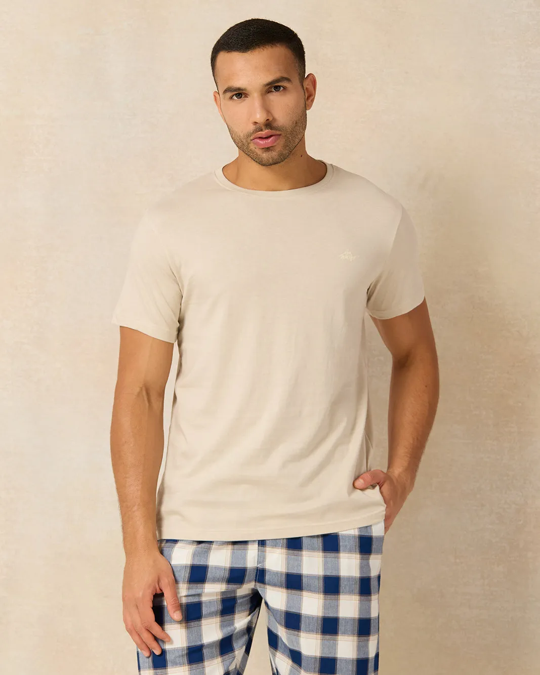 Men Beige And Navy Checkered Pyjama Set (2 Piece) sold by Redtag product image thumbnail 2
