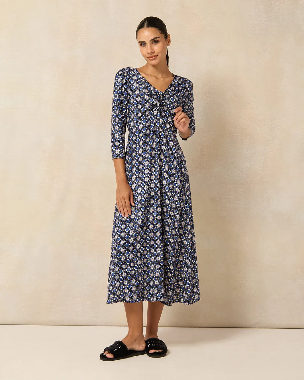 Women Navy Allover Print A Line Midi Dress sold by Redtag