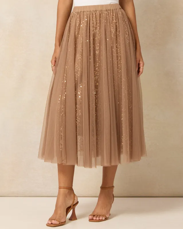 Women Brown Sequins Mesh Skirt sold by Redtag