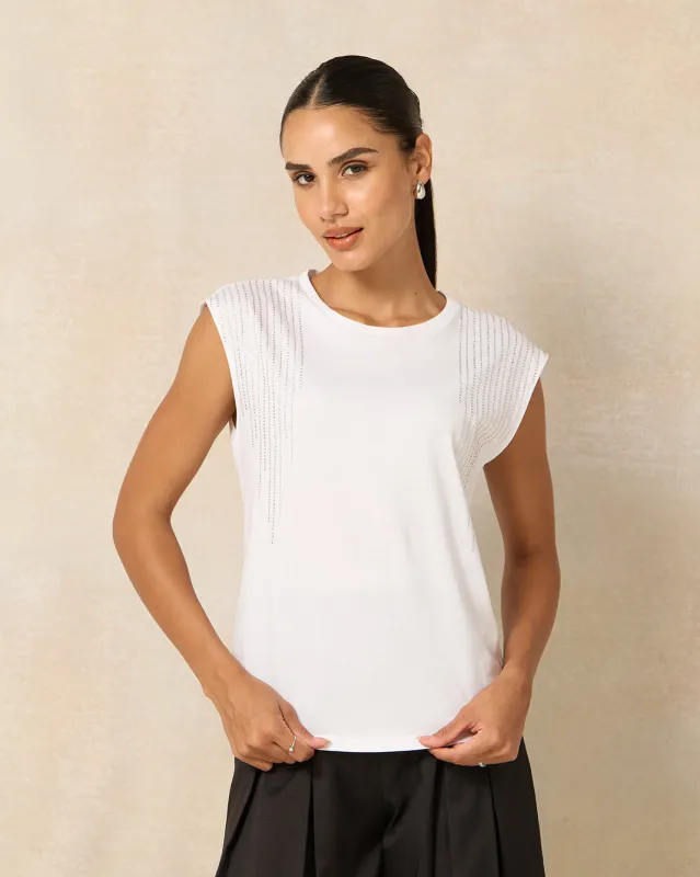 Women Ivory Rhine Stone Detailed Extended Shoulder Top sold by Redtag