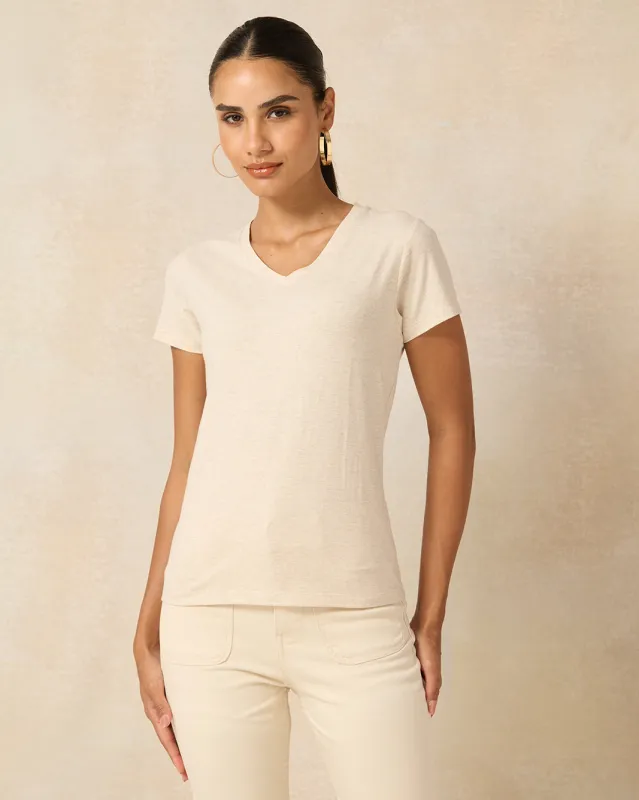 Women Ecru Short Sleeve V Neck T-Shirt sold by Redtag
