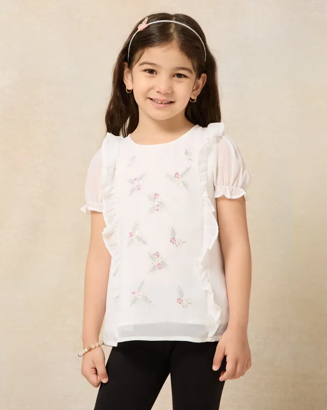 Girls White Embroidered Chiffon Blouse sold by Redtag
