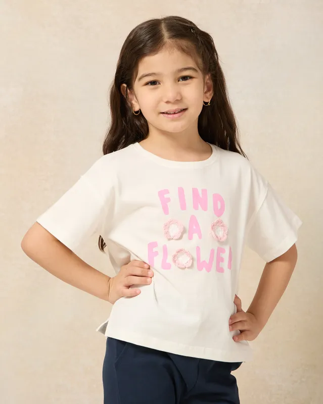 Girls White Flower Embroidered T-Shirt sold by Redtag