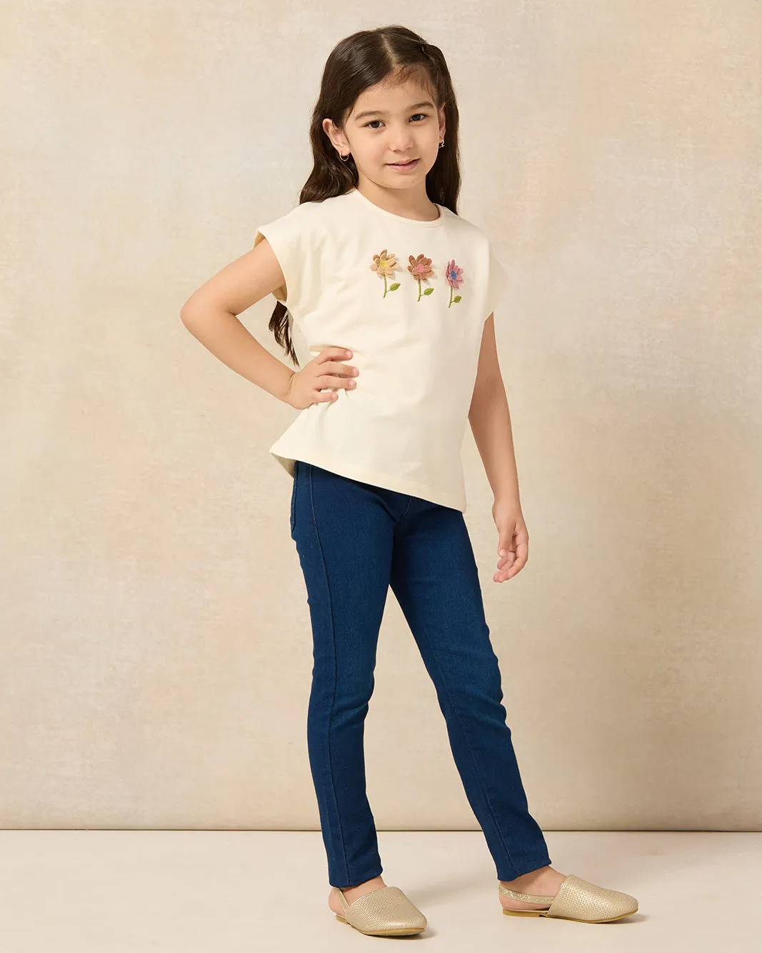 Girls Beige Flower Embroidered T-Shirt sold by Redtag product image thumbnail 2