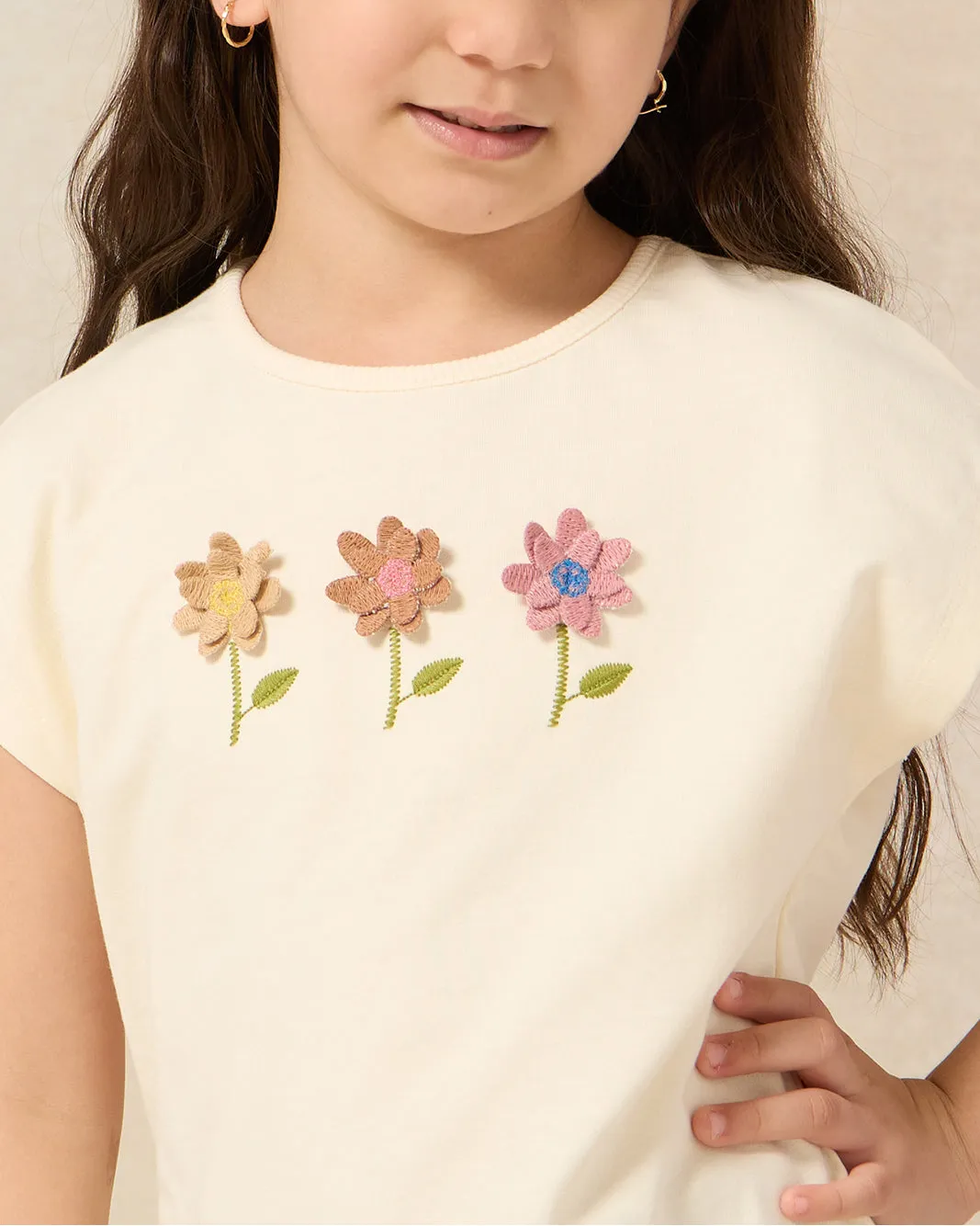 Girls Beige Flower Embroidered T-Shirt sold by Redtag product image thumbnail 4