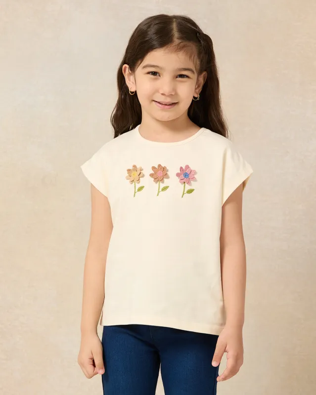 Girls Beige Flower Embroidered T-Shirt sold by Redtag