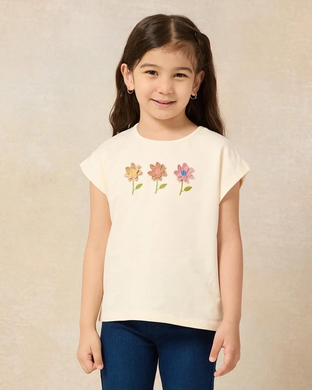 Girls Beige Flower Embroidered T-Shirt sold by Redtag