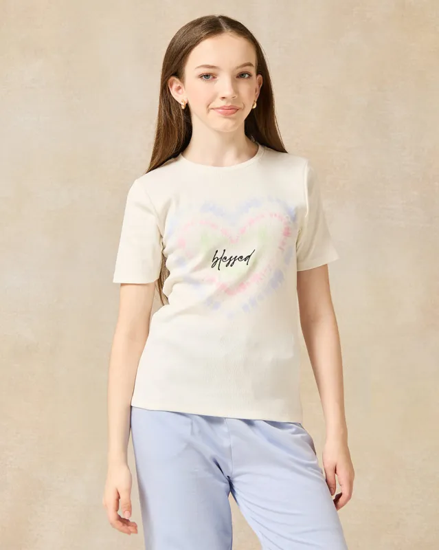Senior Girls White Heart Print T-Shirt sold by Redtag