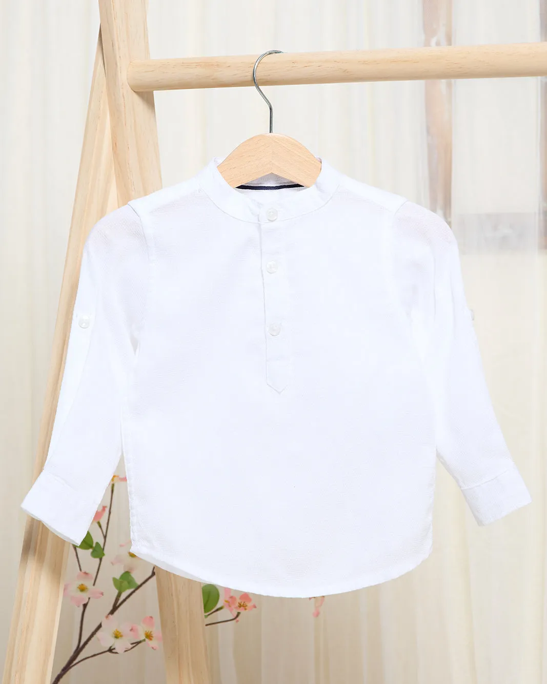 Infant Boys White Half Button Dobby Mandarin Kurta sold by Redtag
