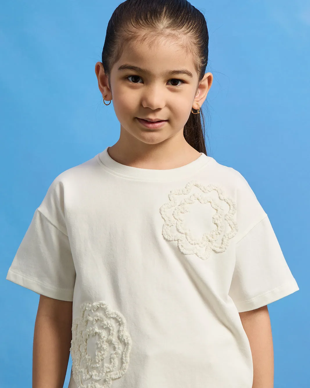 Girls White Flower Embellished T-Shirt sold by Redtag product image thumbnail 4