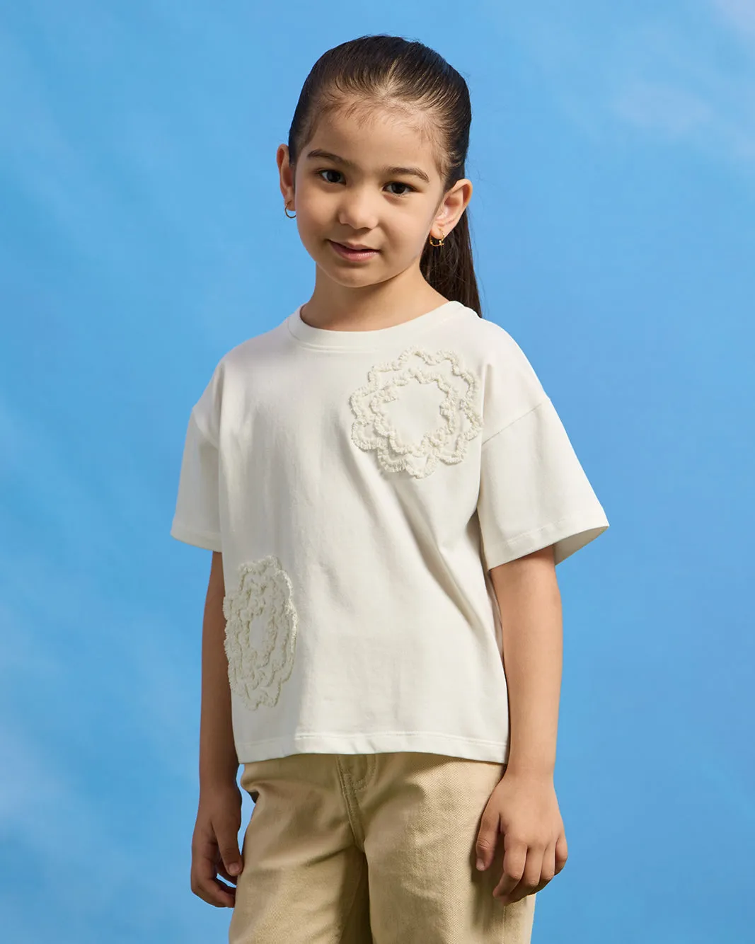 Girls White Flower Embellished T-Shirt sold by Redtag product image thumbnail 2