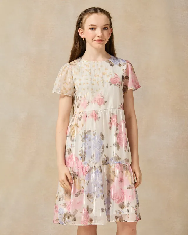Senior Girls White Floral Tiered Dress sold by Redtag