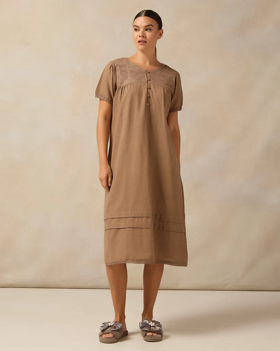 Women Beige Short Sleeve Lace Nightgown sold by Redtag