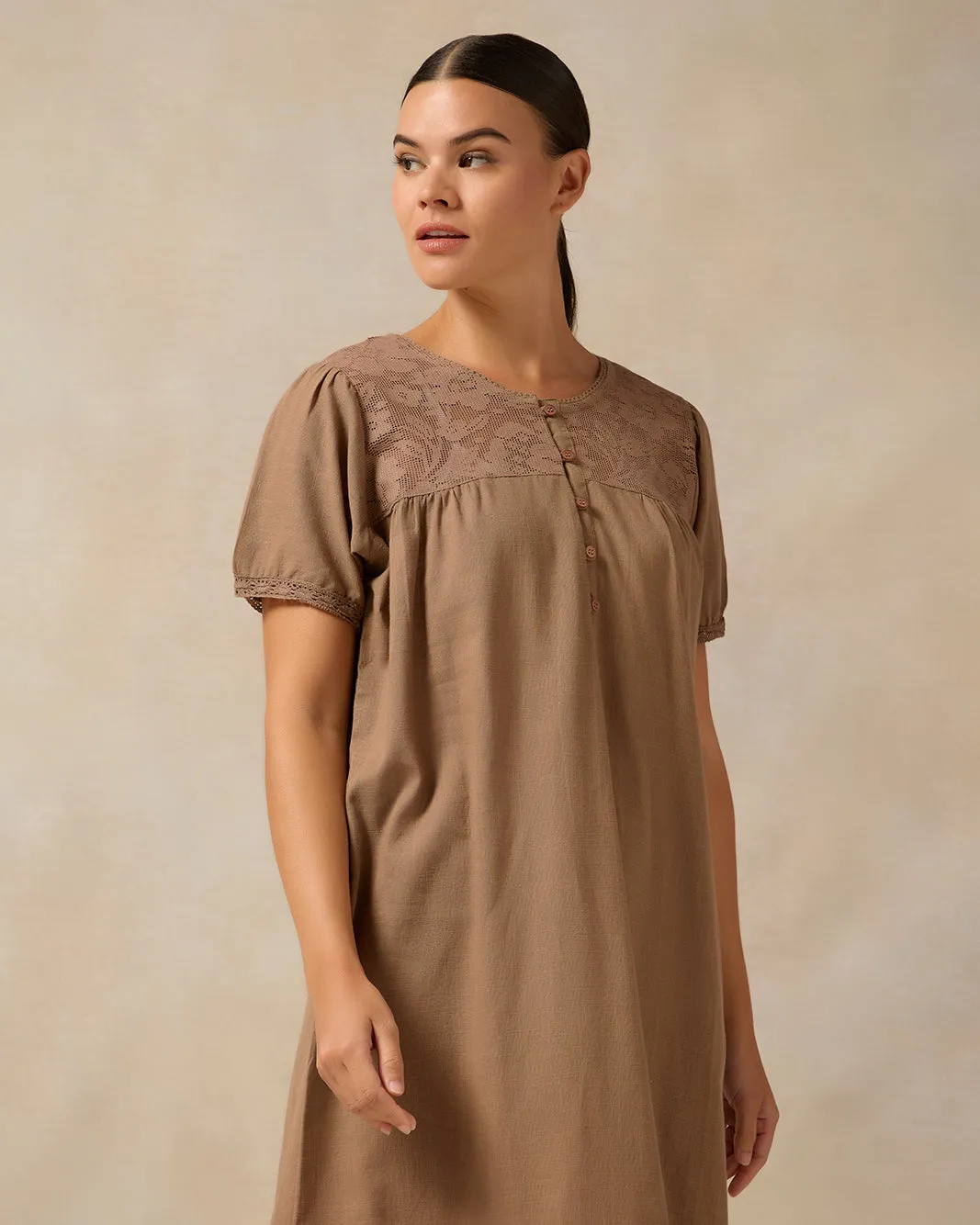 Women Beige Short Sleeve Lace Nightgown sold by Redtag product image thumbnail 2