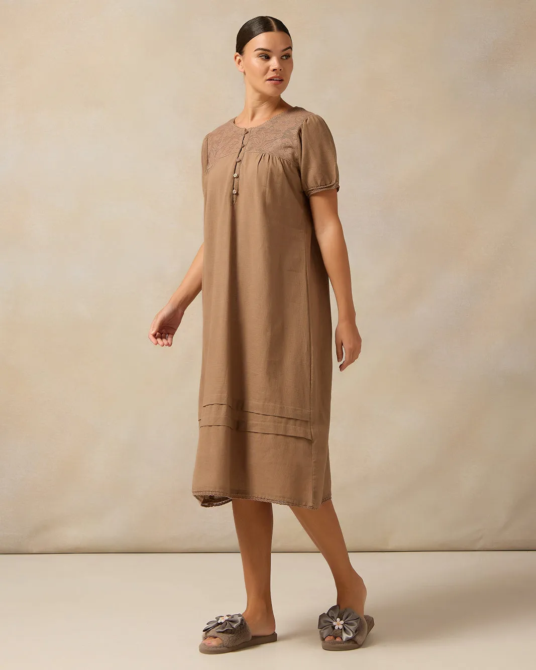 Women Beige Short Sleeve Lace Nightgown sold by Redtag product image thumbnail 4