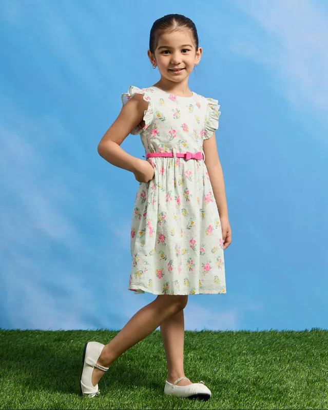 Girls White Floral Printed Dress With Belt sold by Redtag
