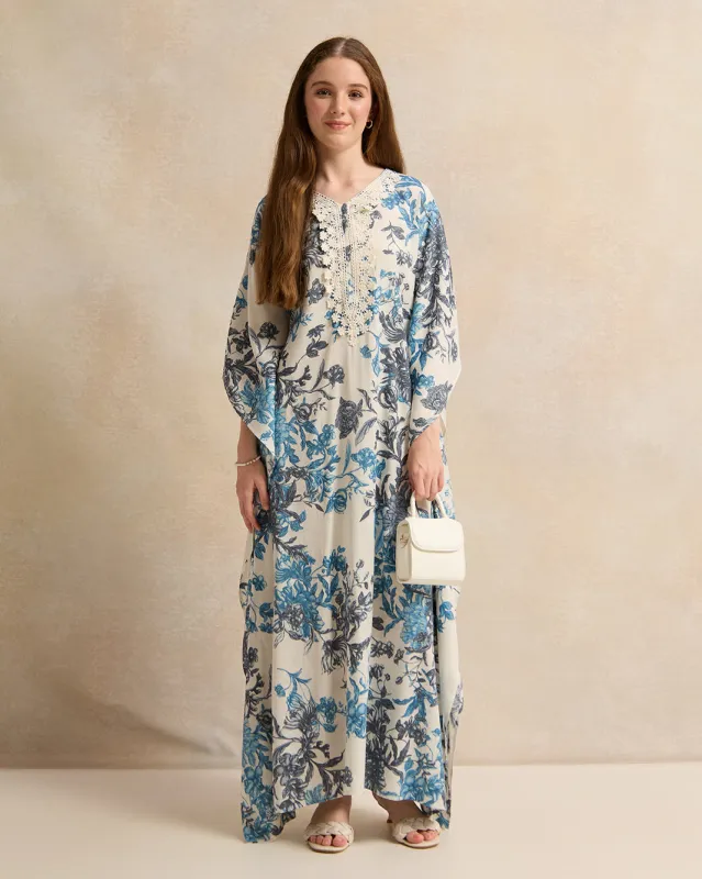 Senior Girls White And Blue Floral Print  Kaftan sold by Redtag