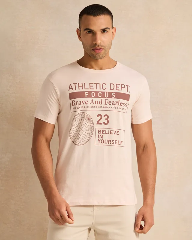 Men Beige Printed Short Sleeved T-Shirt sold by Redtag