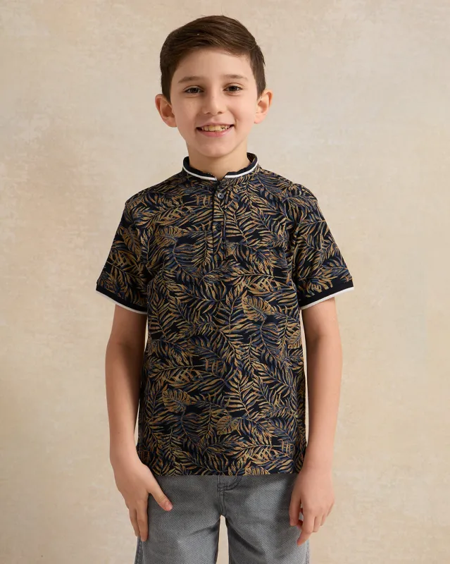 Boys Black Printed Mandarin Collar T-Shirt sold by Redtag