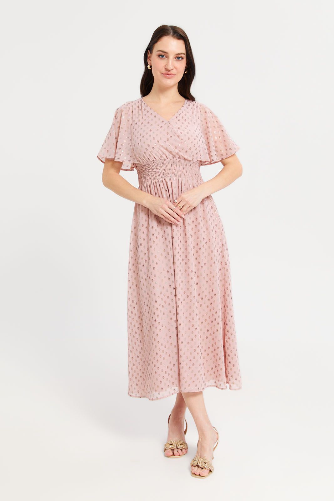 Women Beige Foil Printed Flared Sleeves Maxi Dress sold by Redtag