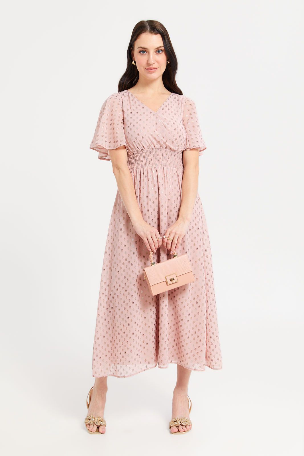 Women Beige Foil Printed Flared Sleeves Maxi Dress sold by Redtag product image thumbnail 4