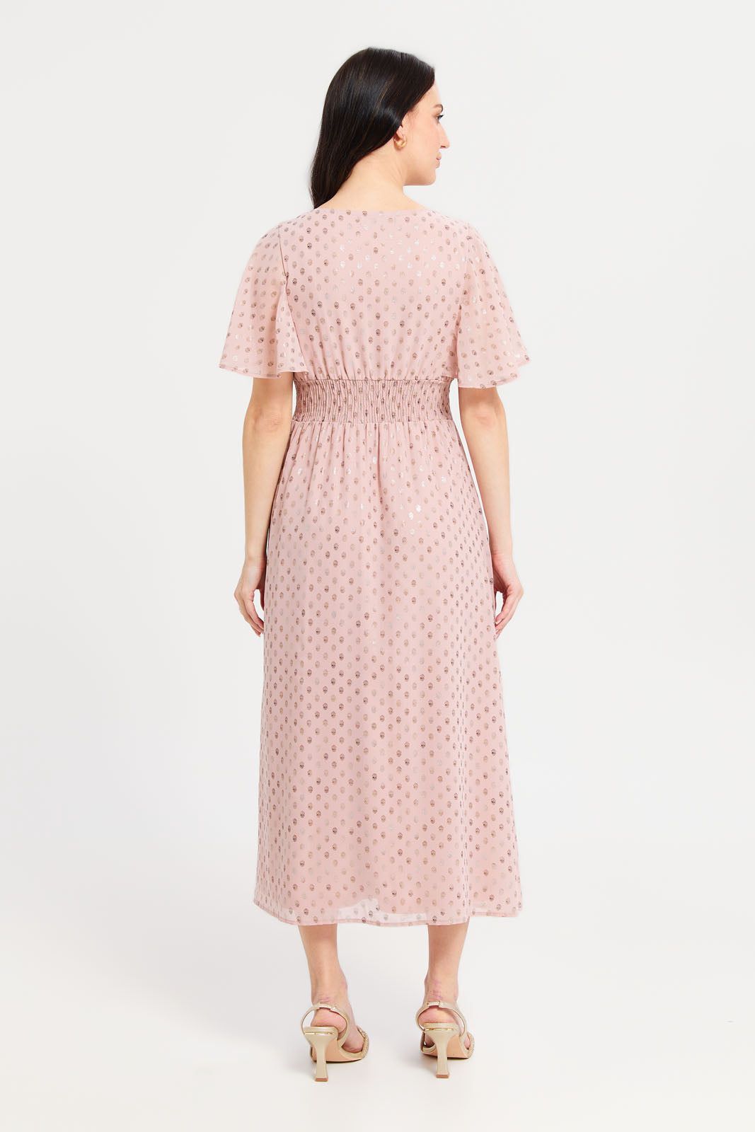 Women Beige Foil Printed Flared Sleeves Maxi Dress sold by Redtag product image thumbnail 3