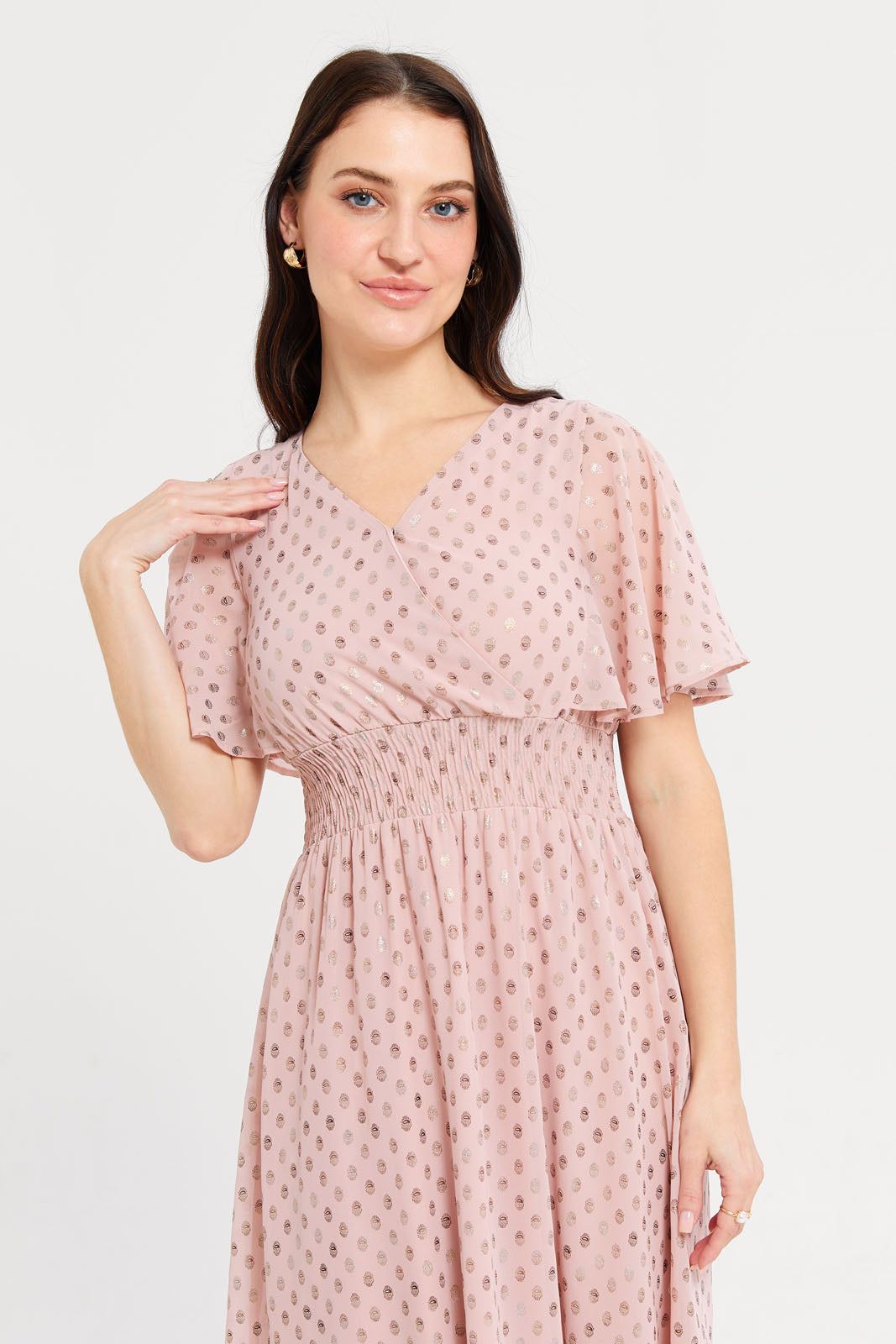 Women Beige Foil Printed Flared Sleeves Maxi Dress sold by Redtag product image thumbnail 2