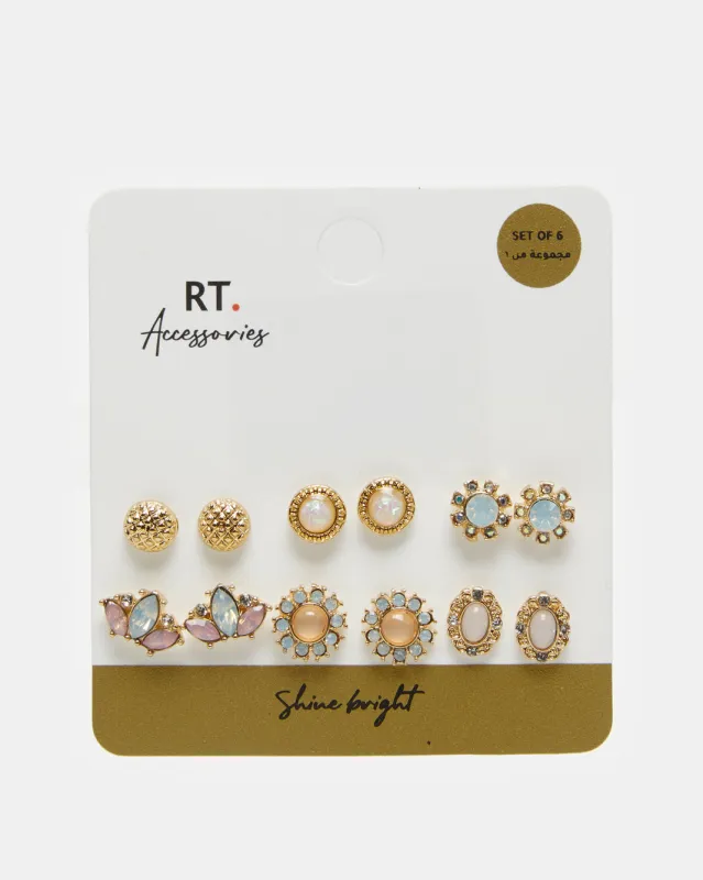 Women Gold Embellished Studs (6 Pairs) sold by Redtag