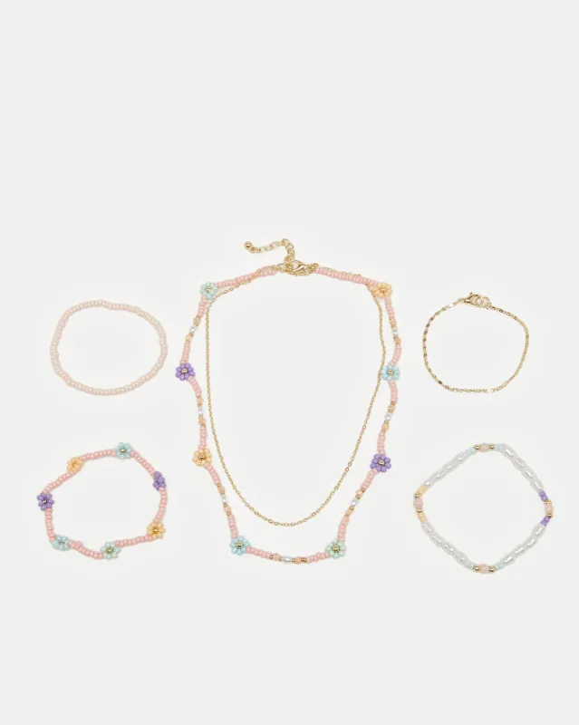 Girls Gold-Pearl Embellished Necklace& Bracelets Set (5 Piece) sold by Redtag