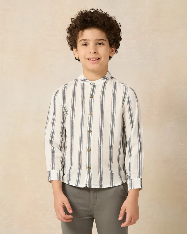 Boys White Stripe Mandarin Collar Long Sleeve Shirt sold by Redtag