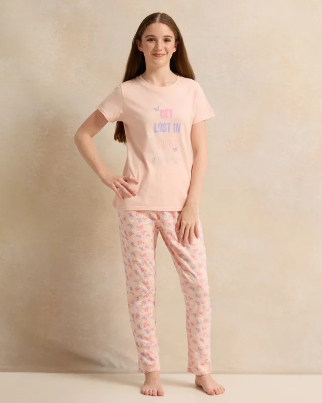 Senior Girls Peach Printed Pyjama Set (2 Piece) sold by Redtag