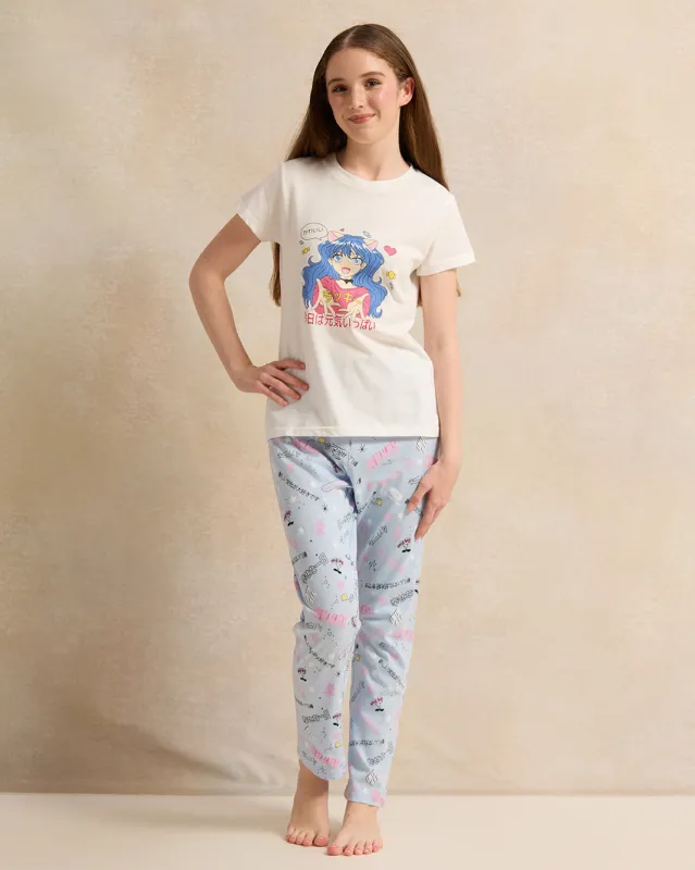 Senior Girls White And Blue Printed Pyjama Set (2 Piece) sold by Redtag