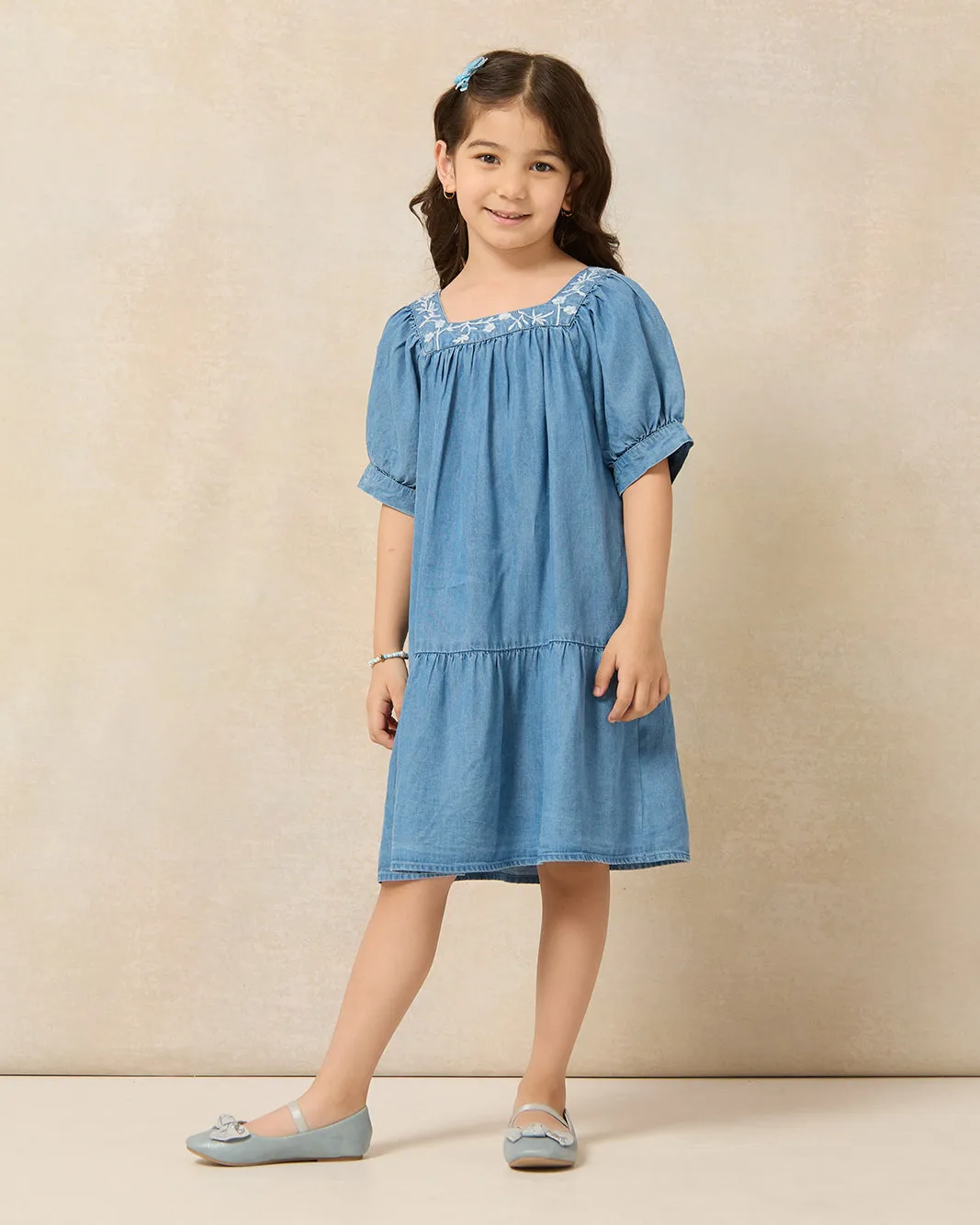 Girls Blue Embroidered Dress sold by Redtag