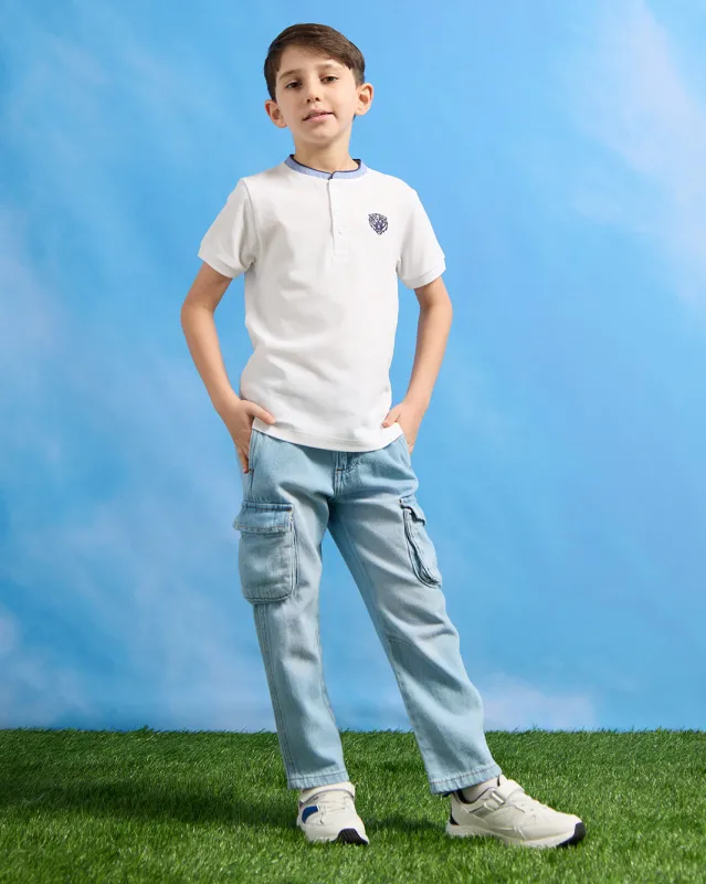 Boys White Suede Suede Mandarin Collar Polo Shirt sold by Redtag