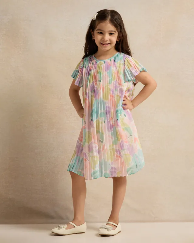 Girls Multicolour Flutter Plisse Pleated Chiffon Dress sold by Redtag