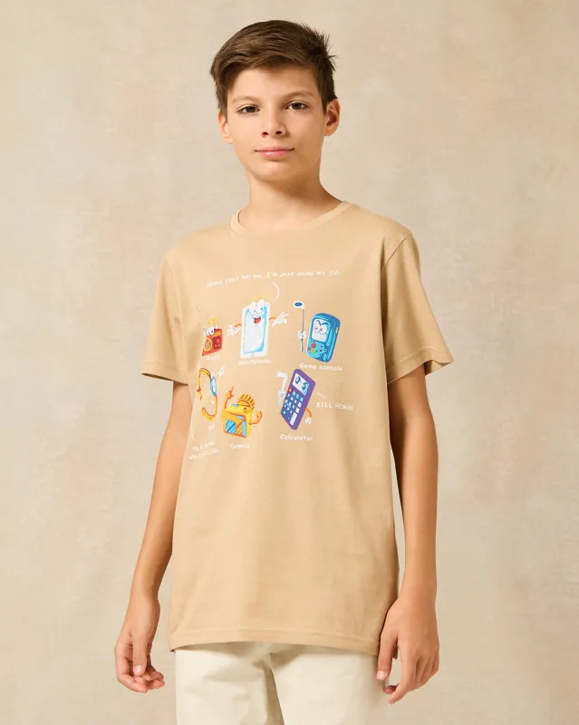Senior Boys Beige Phone Print T-Shirt sold by Redtag