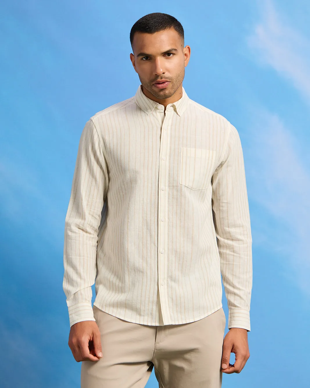 Men Beige Striped Shirt sold by Redtag