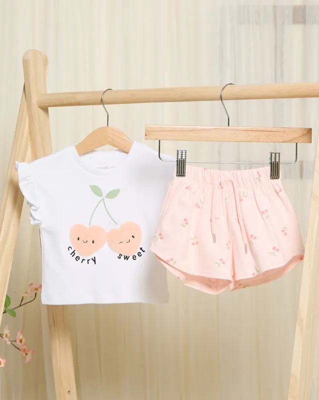 Infant Girls White Cherry Embroidered Short Set sold by Redtag