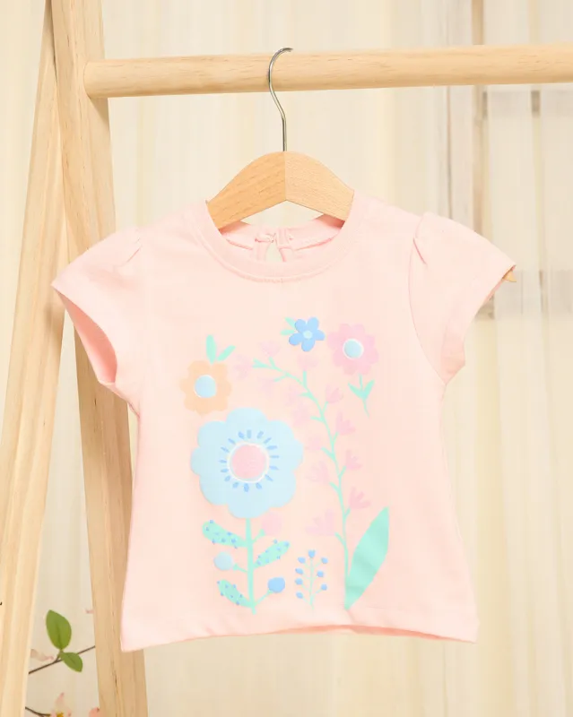Girls Pink Floral Placement Printed T-Shirt sold by Redtag
