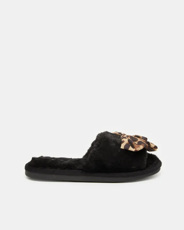 Women Black Bow Flower Print Slipper sold by Redtag