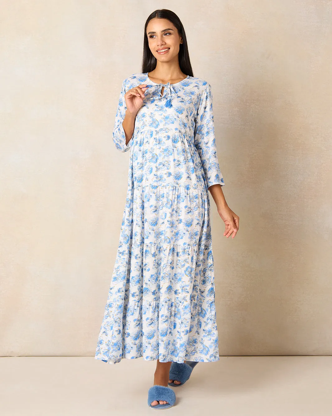 Women Blue And White Printed Nightgown sold by Redtag