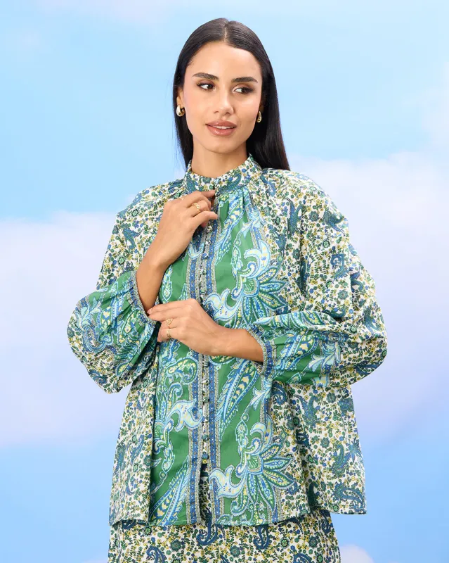 Women Green Printed Balloon Sleeve Button Down Blouse sold by Redtag