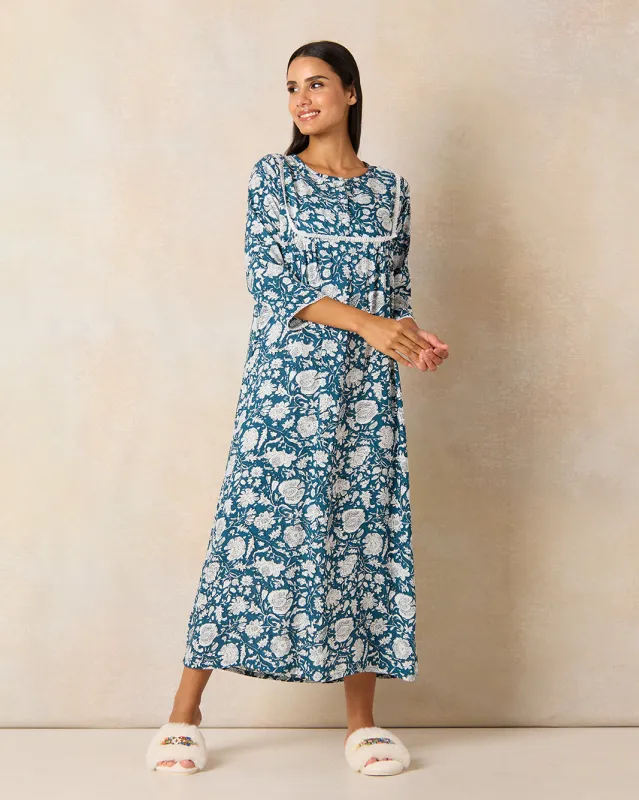 Women Blue Printed Nightgown sold by Redtag