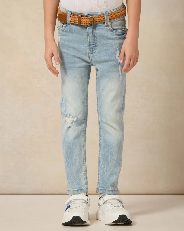 Boys Blue Plain Belted 5 Pocket Jeans sold by Redtag