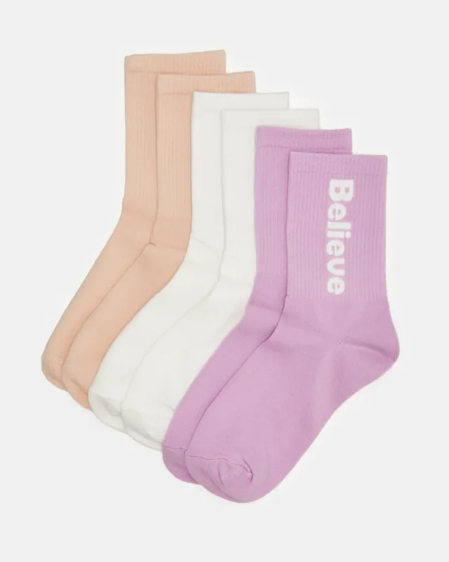 Women Assorted Believe Print Crew Length Socks (3 Pairs) sold by Redtag